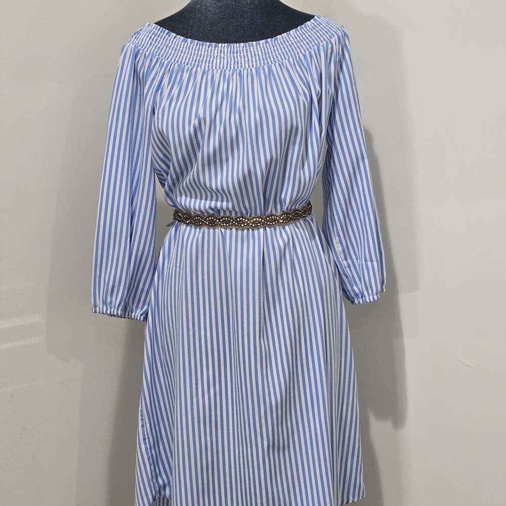 Spense Blue and White Striped Long Sleeve Dress